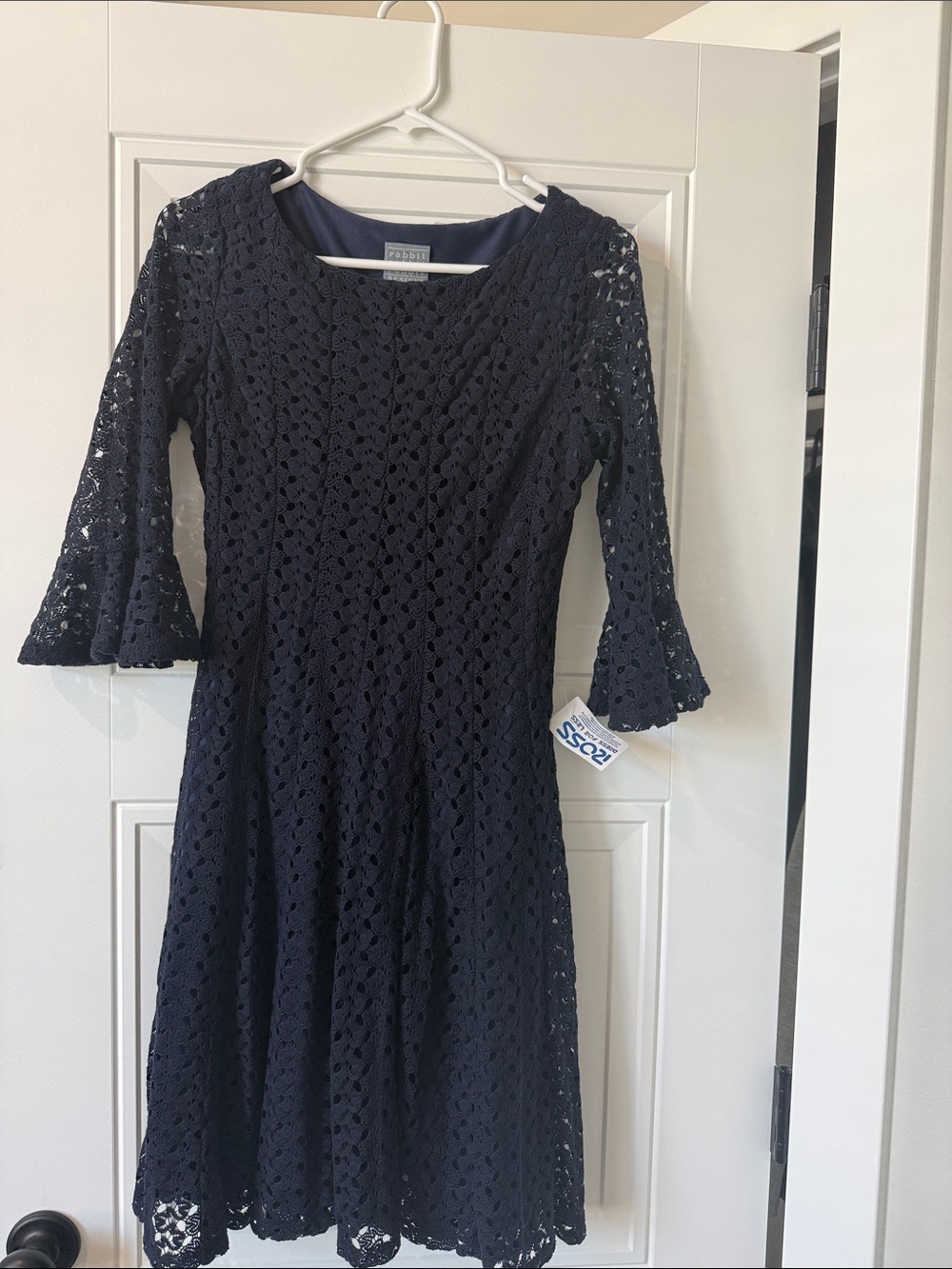 Navy Lace Fit & Flare Dress with Bell Sleeves